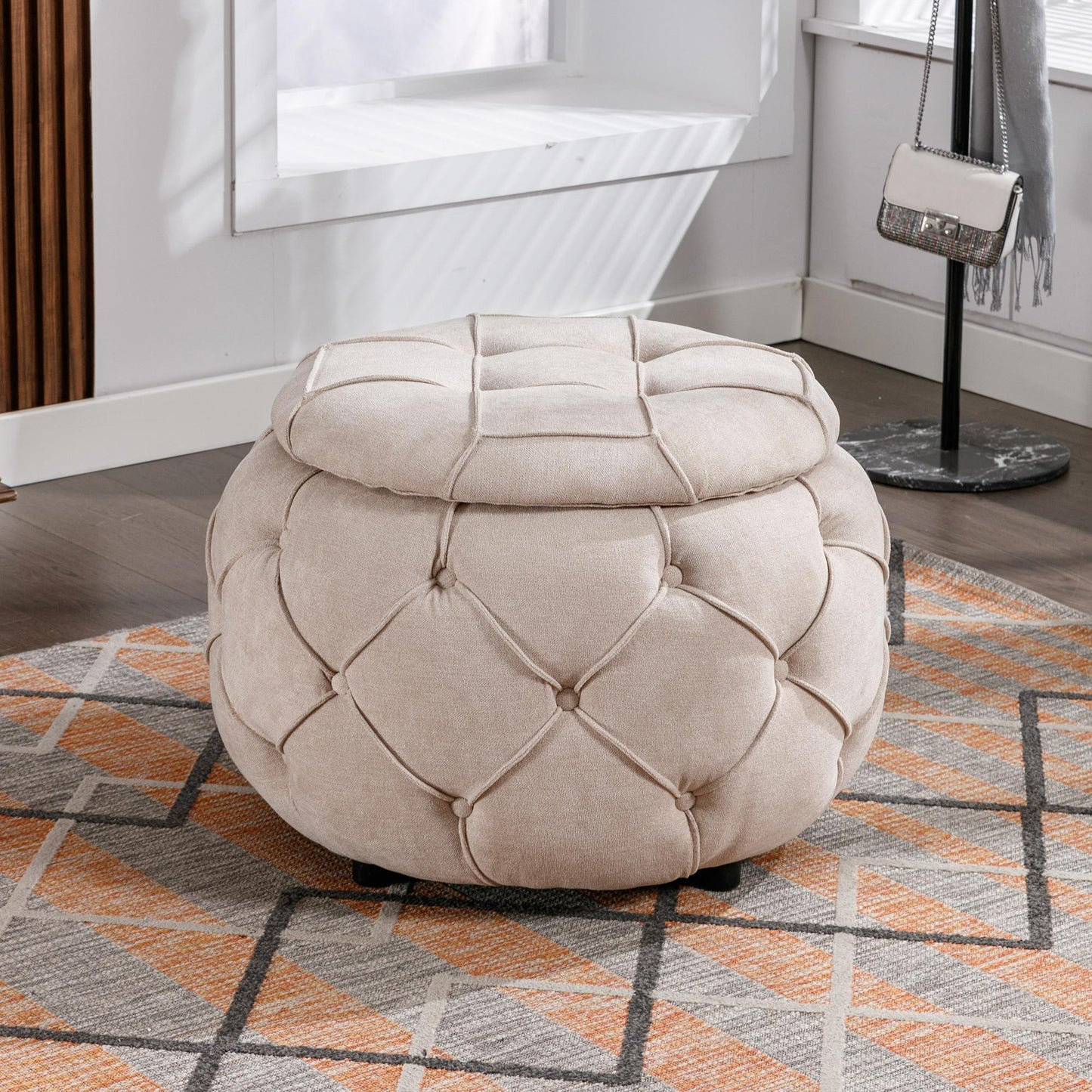 Large Button Tufted Woven Round Storage Footstool。Suitable for living room, bedroom, study