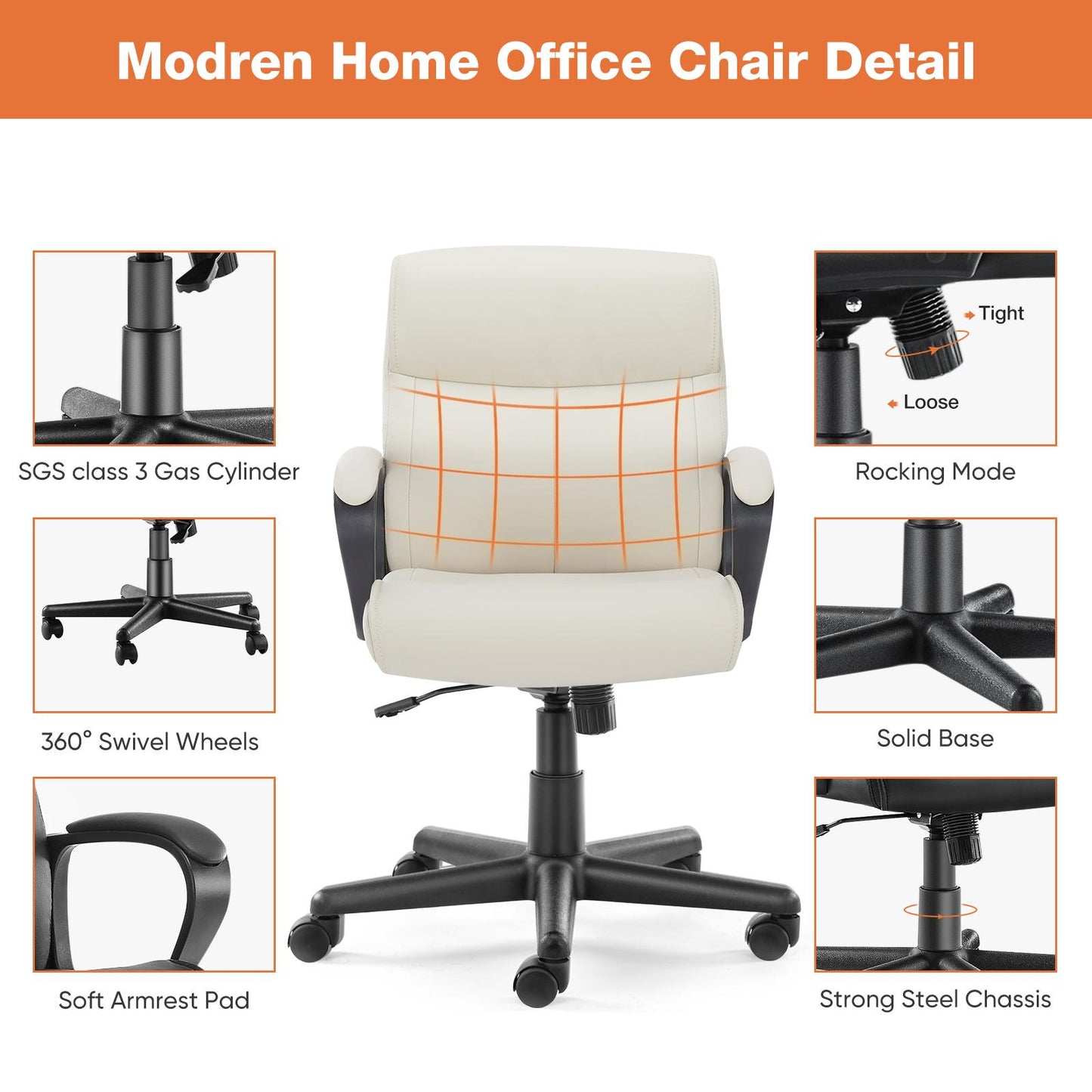 Executive Swivel Task Chair for Home and Office Adjustable Height Modern PU Leather