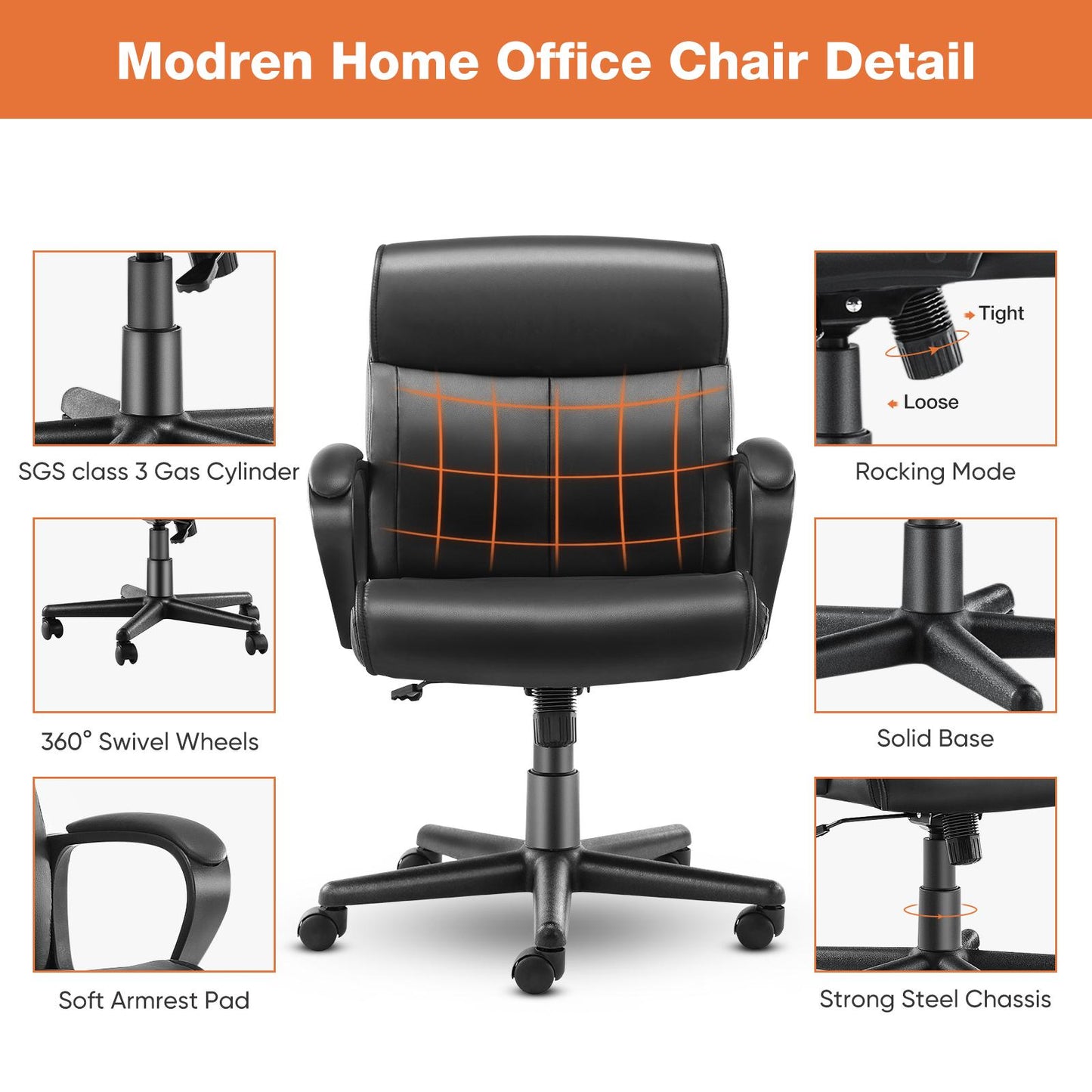 Executive Swivel Task Chair for Home and Office Adjustable Height Modern PU Leather