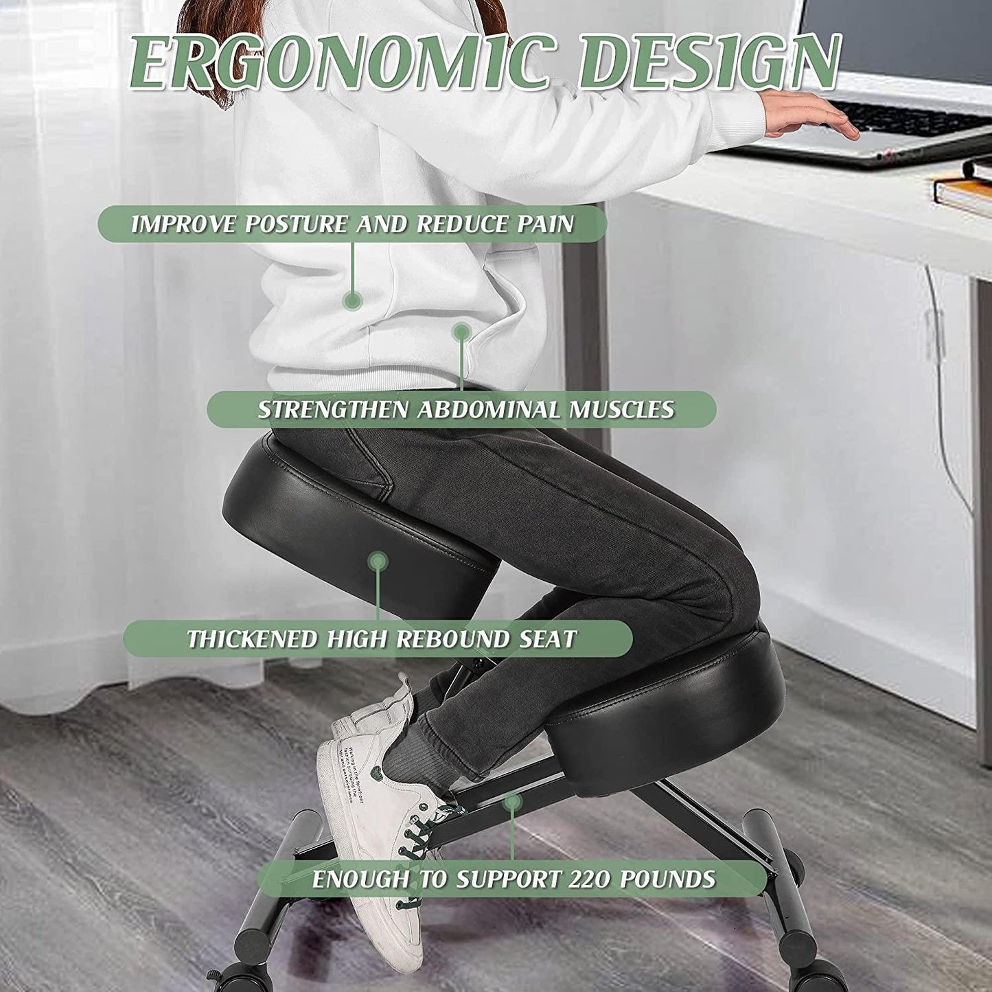 Ergonomic Kneeling Chair for Relieving Back Pain, Posture Correcting Knee Stool for Home Office Work