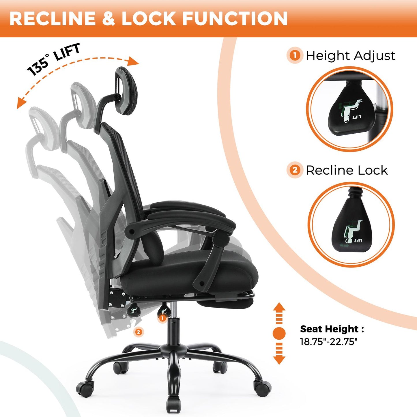 Gaming Ergonomic Foot Rest Reclining, High Back Mesh Home Office Computer Desk Chair