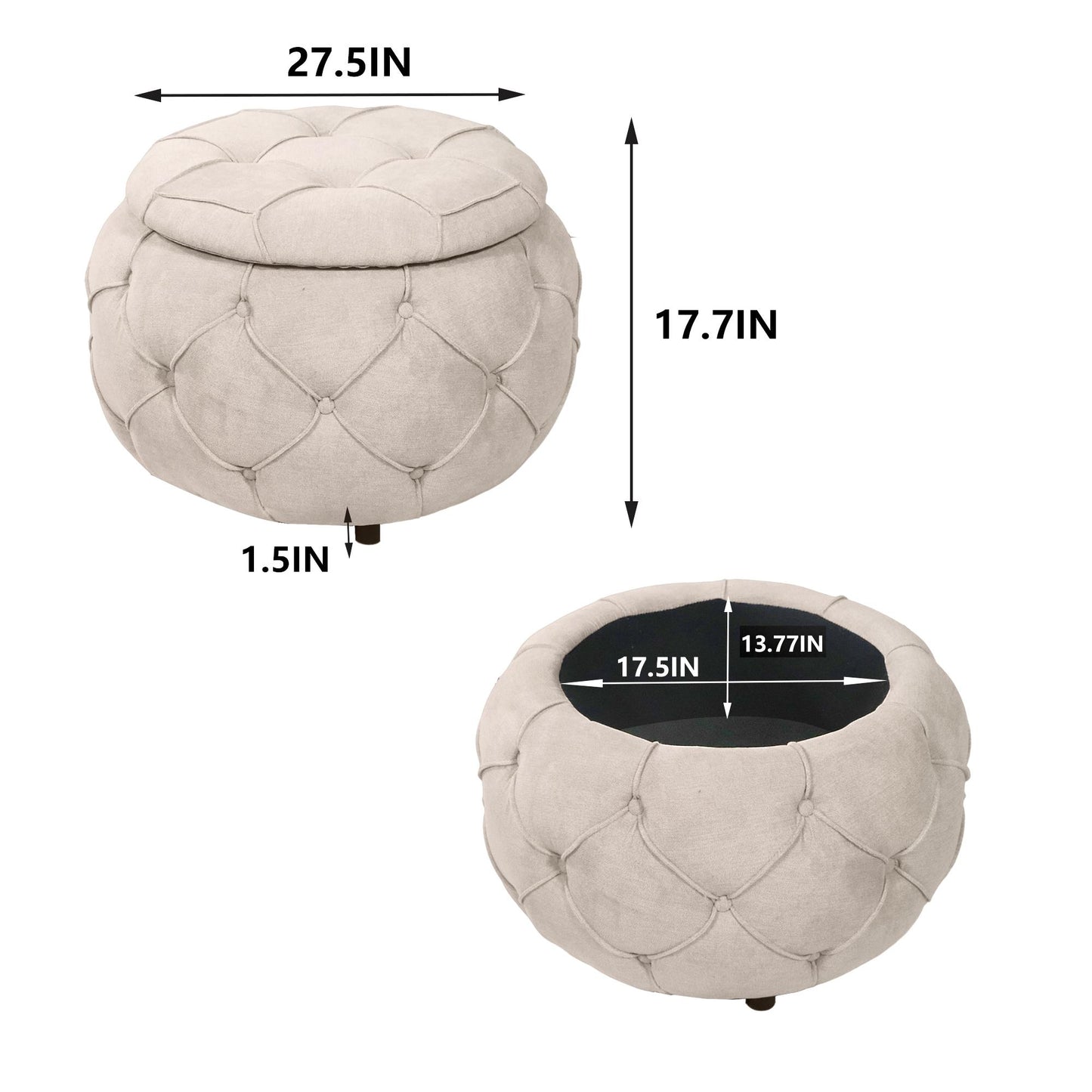 Large Button Tufted Woven Round Storage Footstool。Suitable for living room, bedroom, study