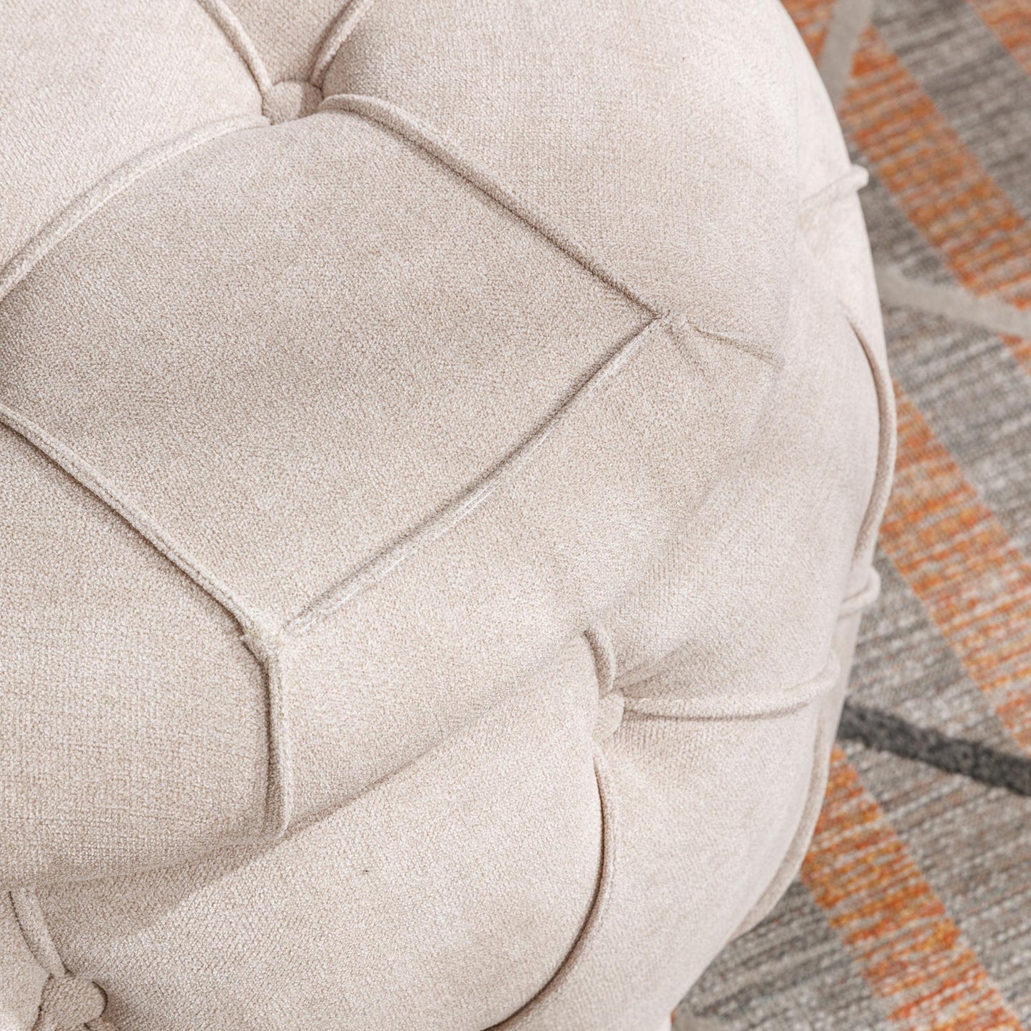 Large Button Tufted Woven Round Storage Footstool。Suitable for living room, bedroom, study