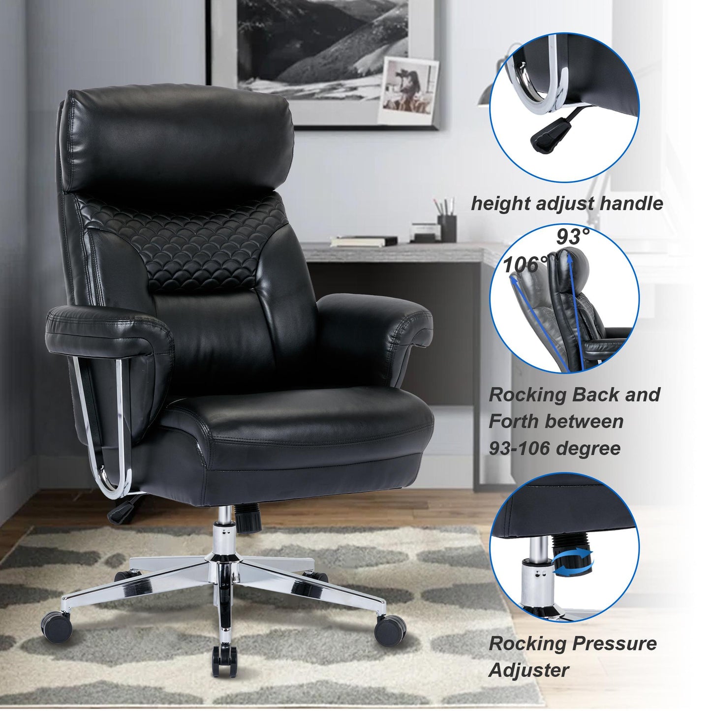 High Back Executive Office Chair 300lbs-Ergonomic Leather Computer Desk Chair , Thick Bonded Leather Office Chair for Comfort and Lumbar Support, Adju