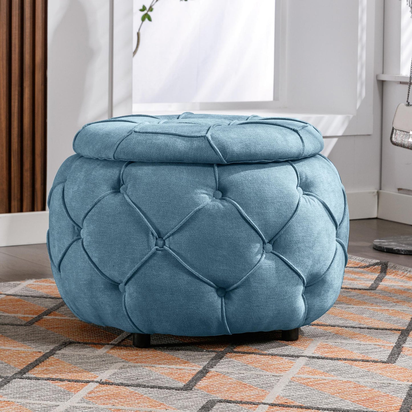 Large Button Tufted Woven Round Storage Footstool。Suitable for living room, bedroom, study