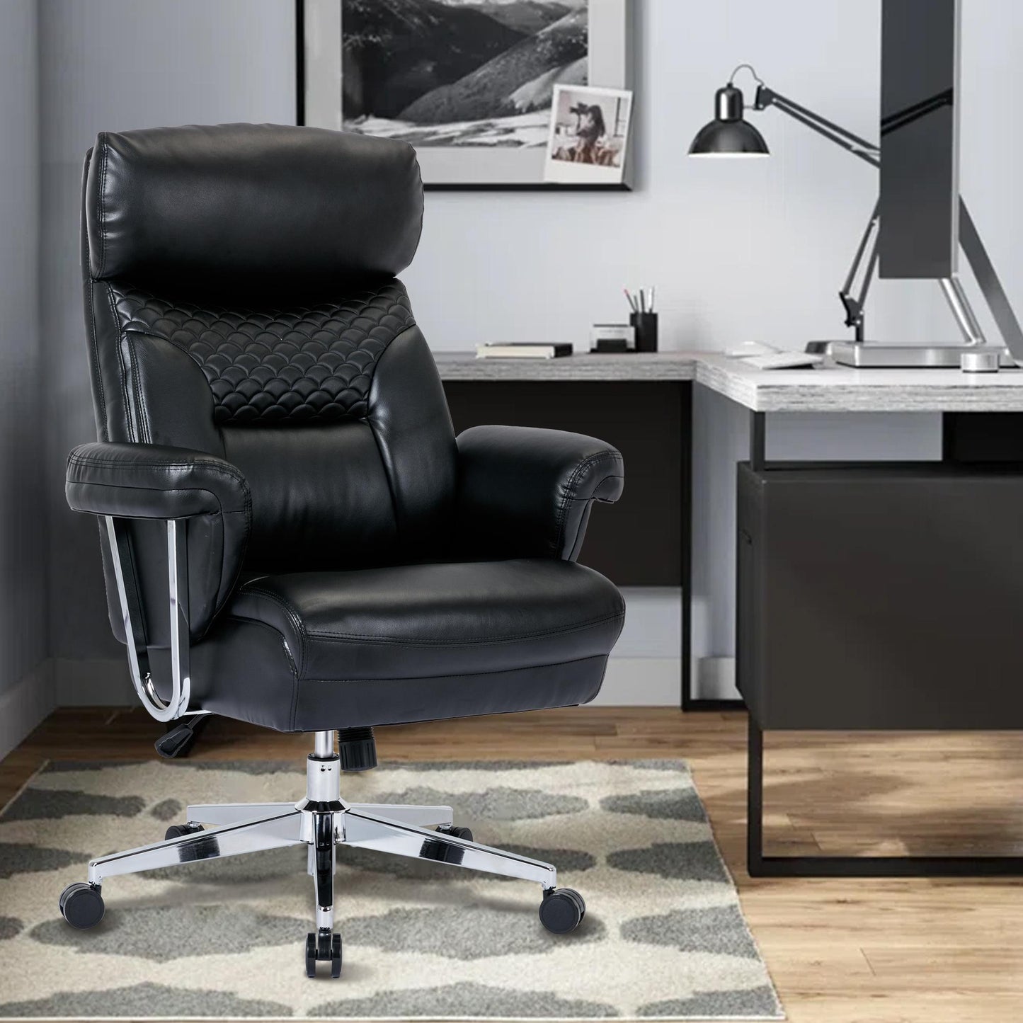 High Back Executive Office Chair 300lbs-Ergonomic Leather Computer Desk Chair , Thick Bonded Leather Office Chair for Comfort and Lumbar Support, Adju