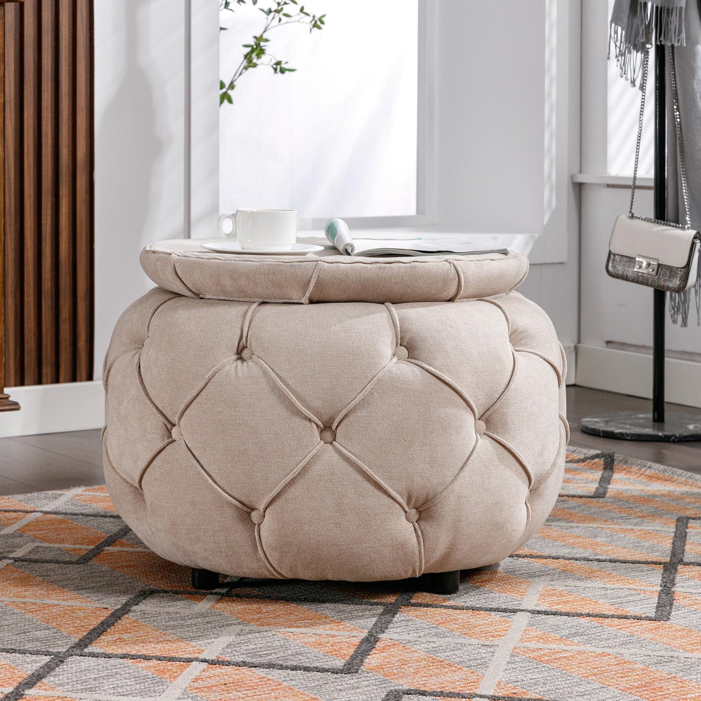 Large Button Tufted Woven Round Storage Footstool。Suitable for living room, bedroom, study