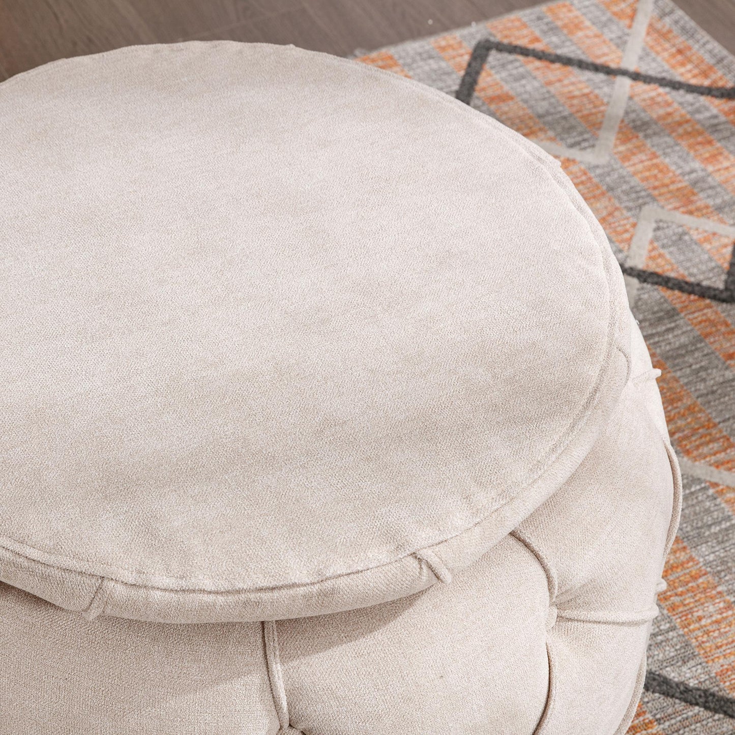 Large Button Tufted Woven Round Storage Footstool。Suitable for living room, bedroom, study