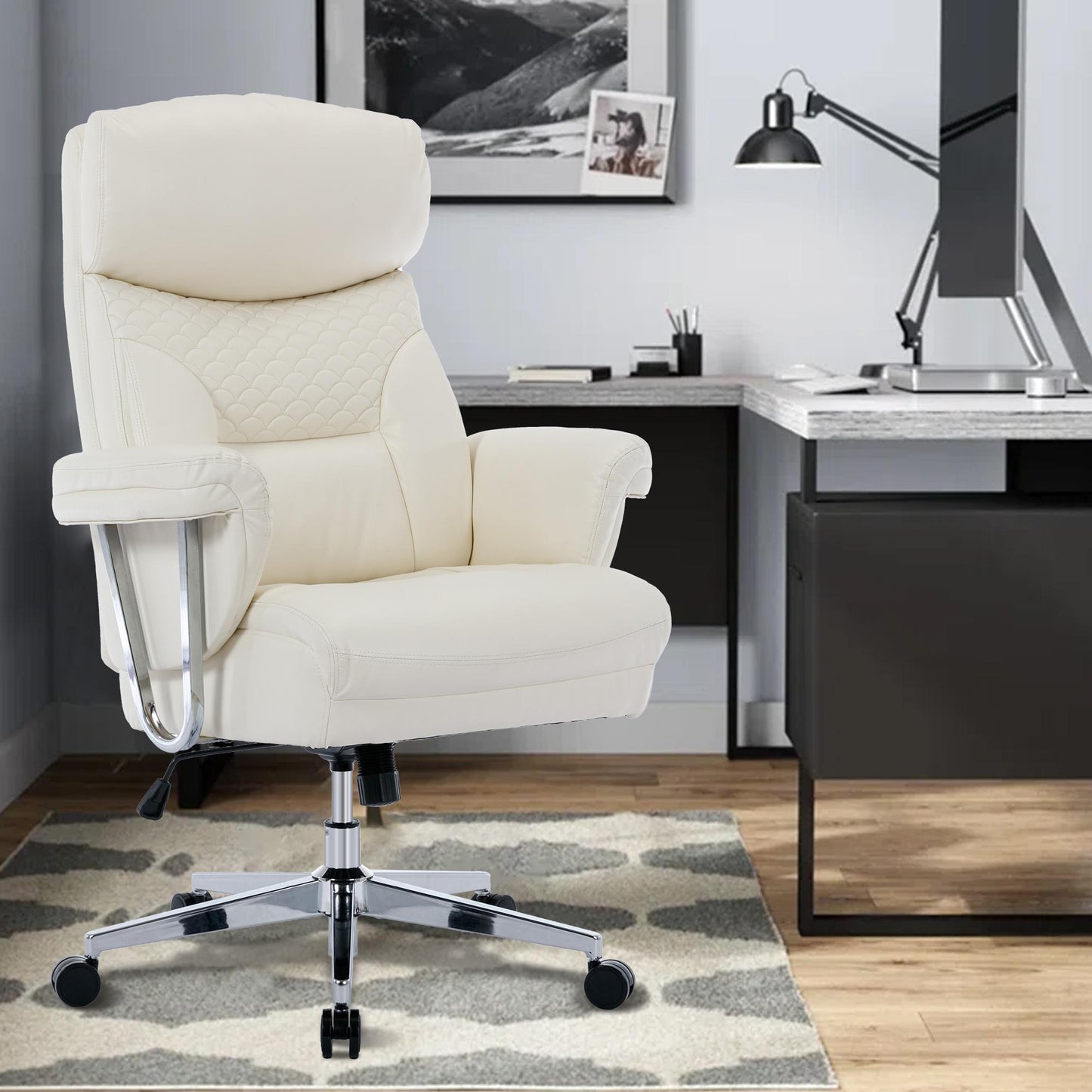 High Back Executive Office Chair 300lbs-Ergonomic Leather Computer Desk Chair , Thick Bonded Leather Office Chair for Comfort and Lumbar Support,