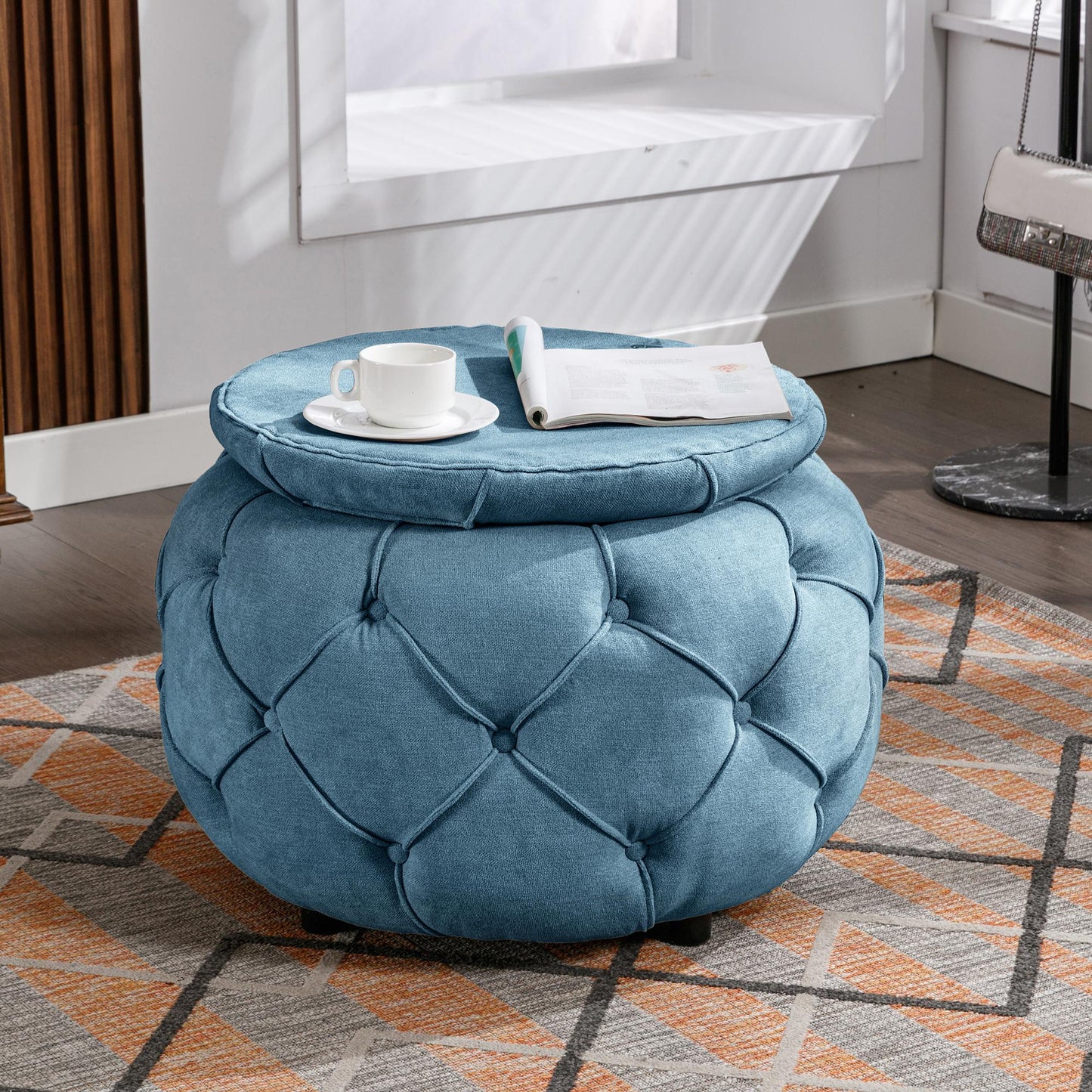 Large Button Tufted Woven Round Storage Footstool。Suitable for living room, bedroom, study