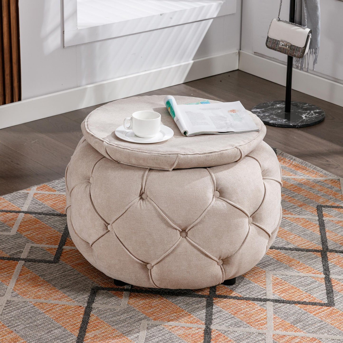 Large Button Tufted Woven Round Storage Footstool。Suitable for living room, bedroom, study