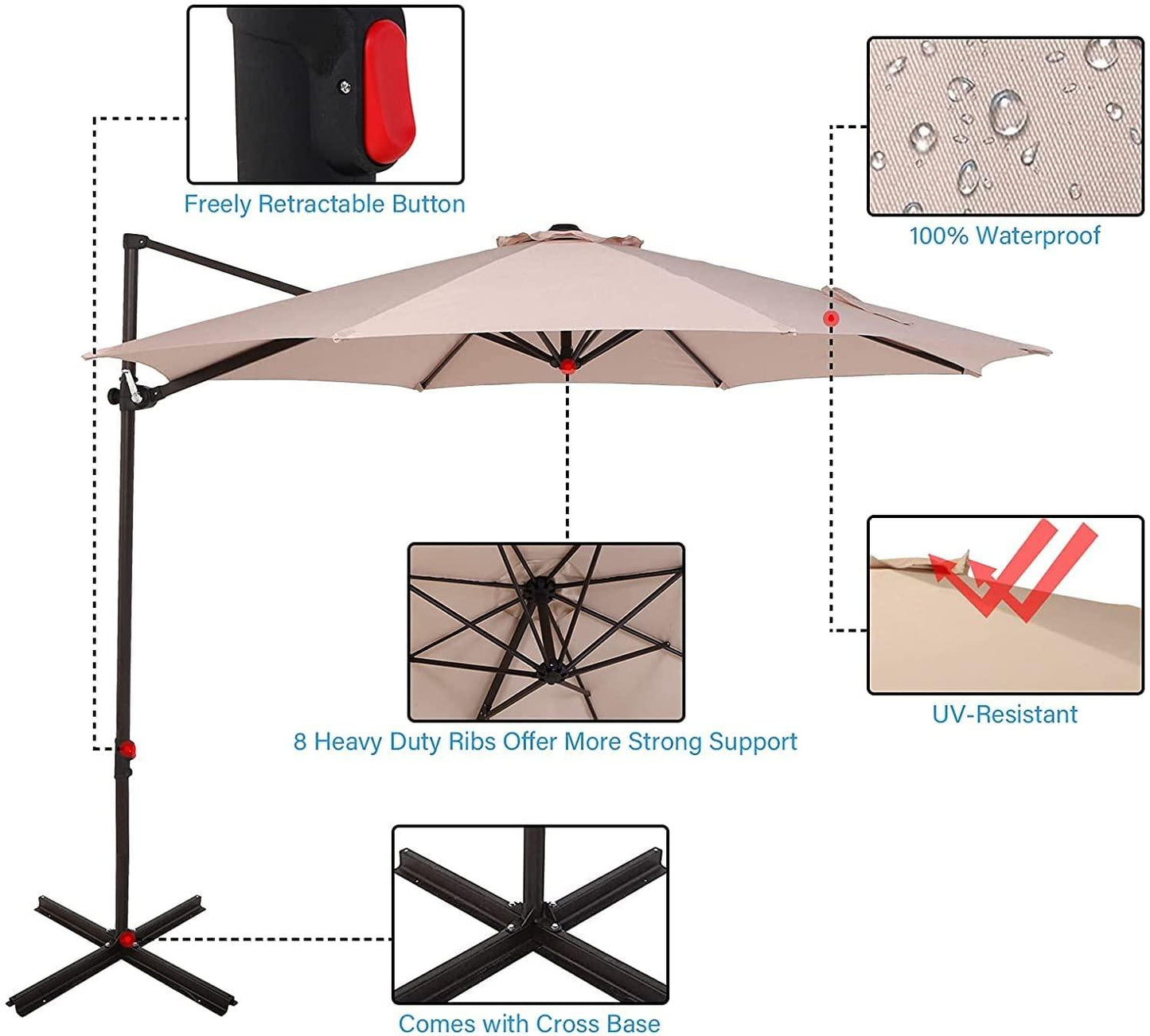 10FT Outdoor Aluminum Patio Umbrella （Cross Base Only, Fan Shaped Base Not Included）