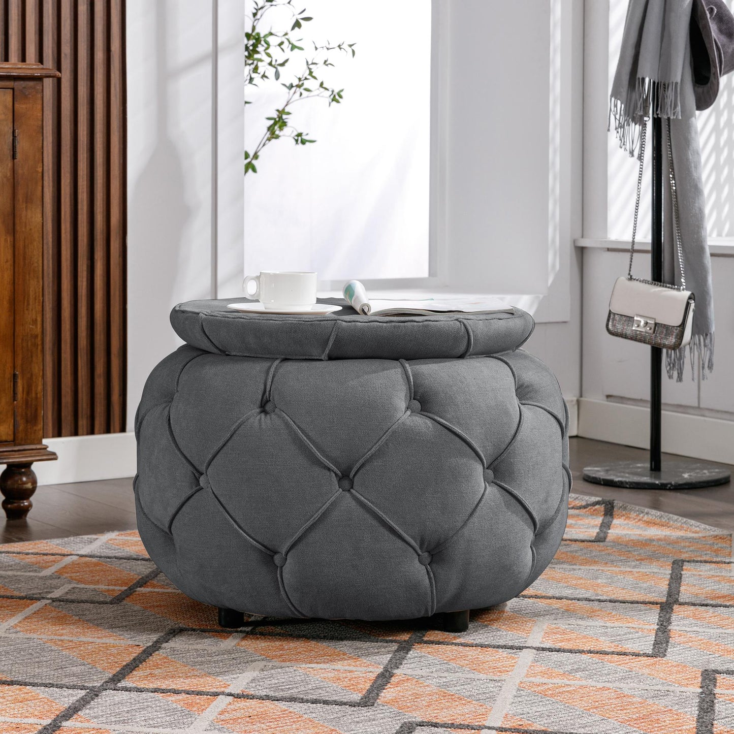 Large Button Tufted Woven Round Storage Footstool。Suitable for living room, bedroom, study