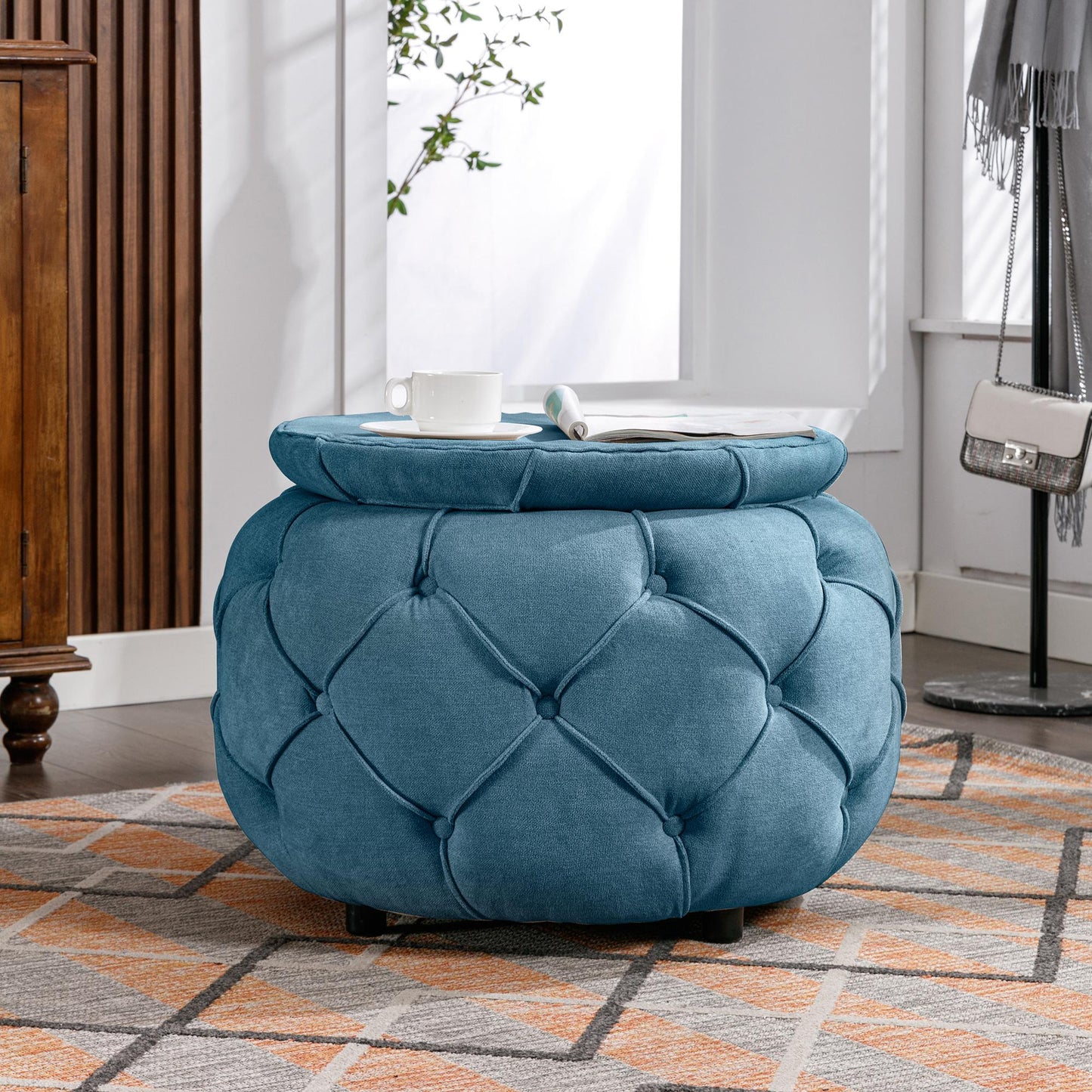 Large Button Tufted Woven Round Storage Footstool。Suitable for living room, bedroom, study